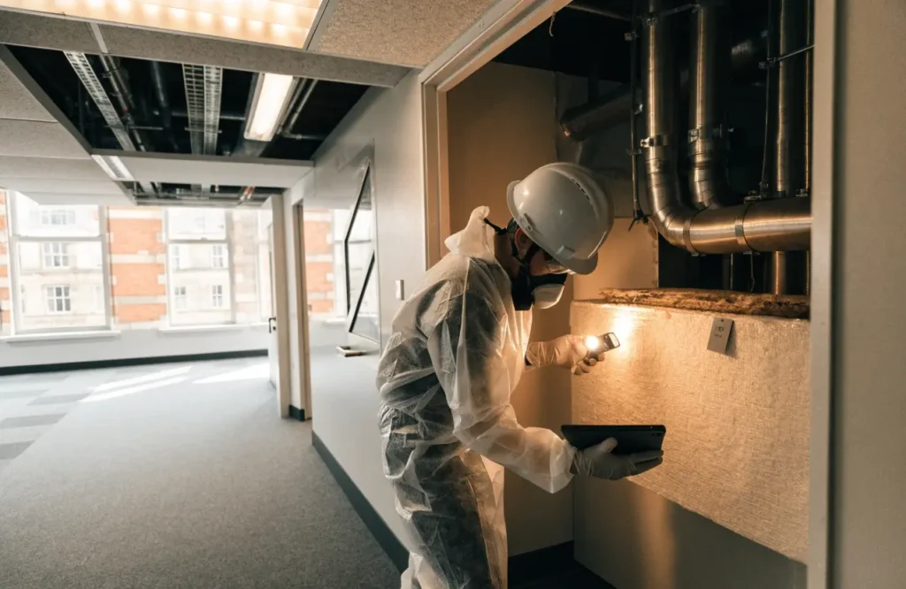 Surveyor checking the condition of asbestos-containing material in London